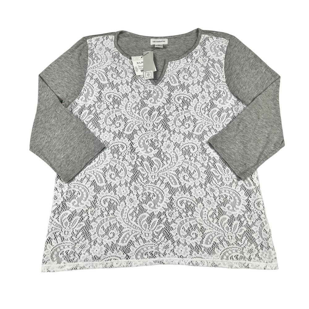 Liz Claiborne Lace Front Tee XL Light Grey Heather White 3/4 Sleeve NWT